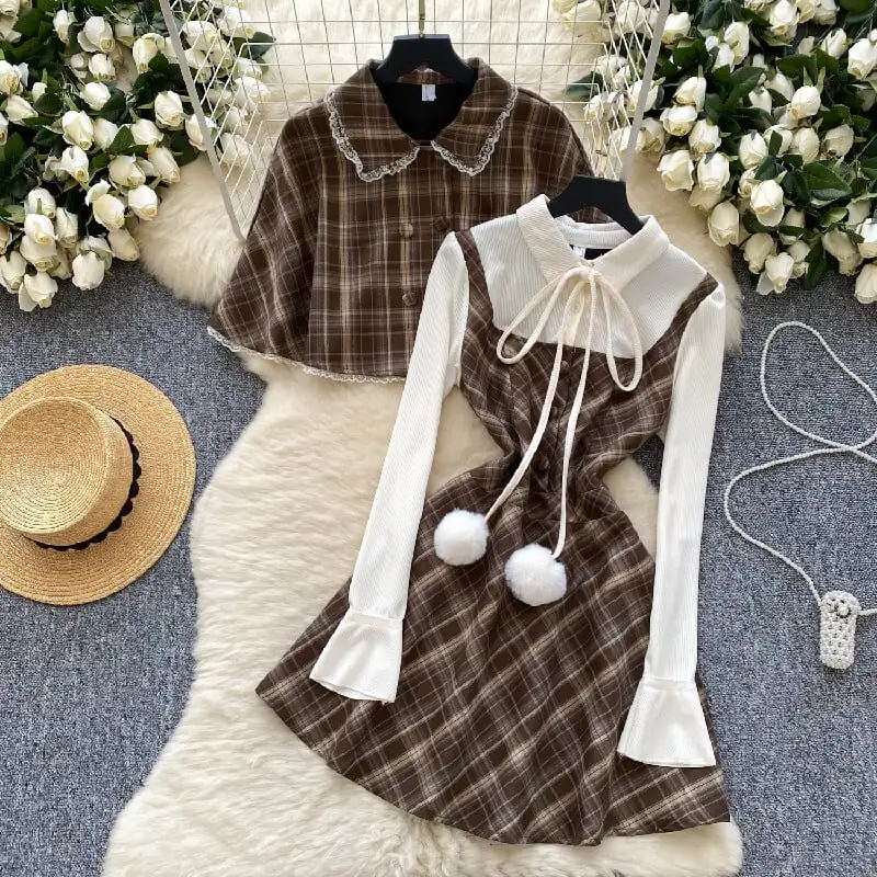 セットアップ マント+ワンピース 毛玉 スウィート チェック柄 フェイクレイヤード