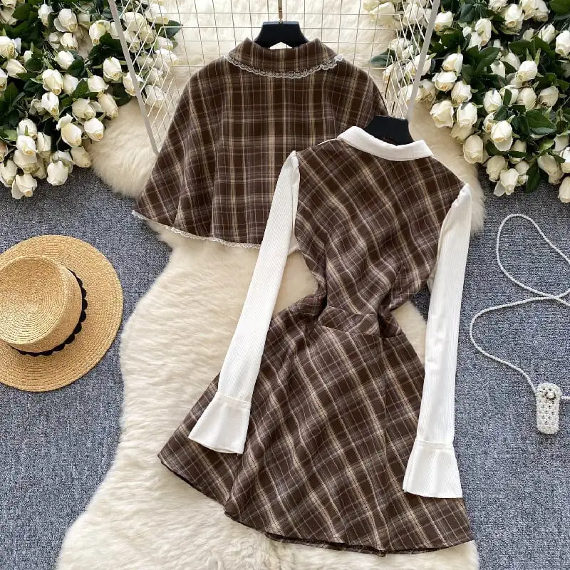 セットアップ マント+ワンピース 毛玉 スウィート チェック柄 フェイクレイヤード