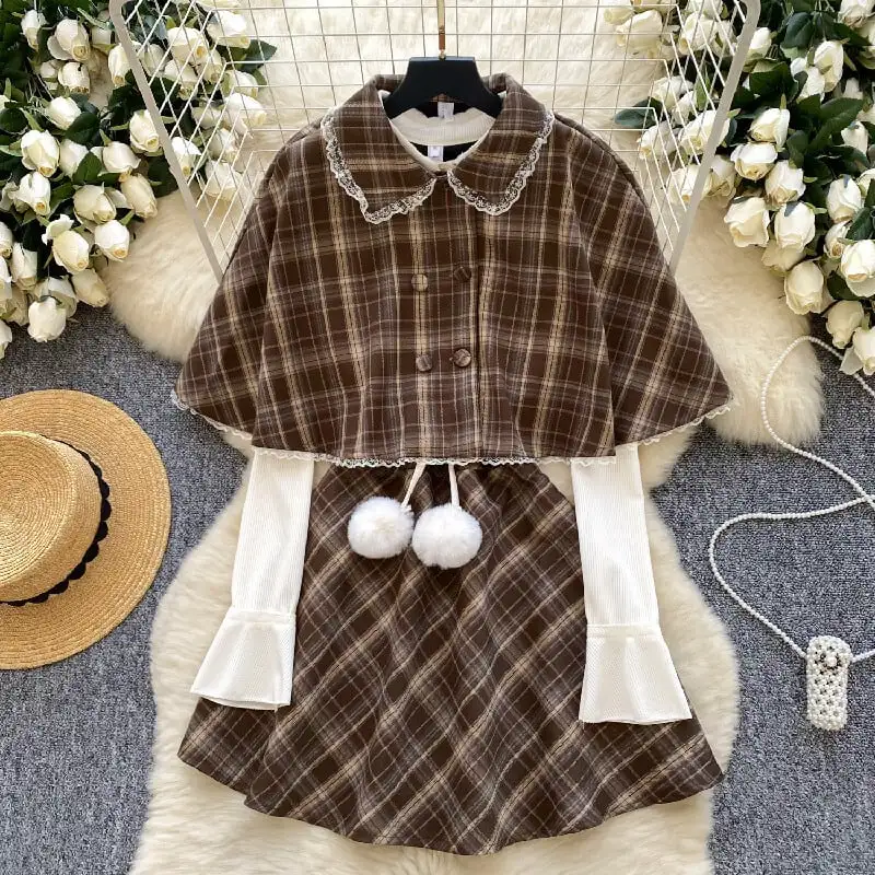 セットアップ マント+ワンピース 毛玉 スウィート チェック柄 フェイクレイヤード