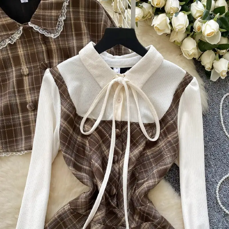 セットアップ マント+ワンピース 毛玉 スウィート チェック柄 フェイクレイヤード