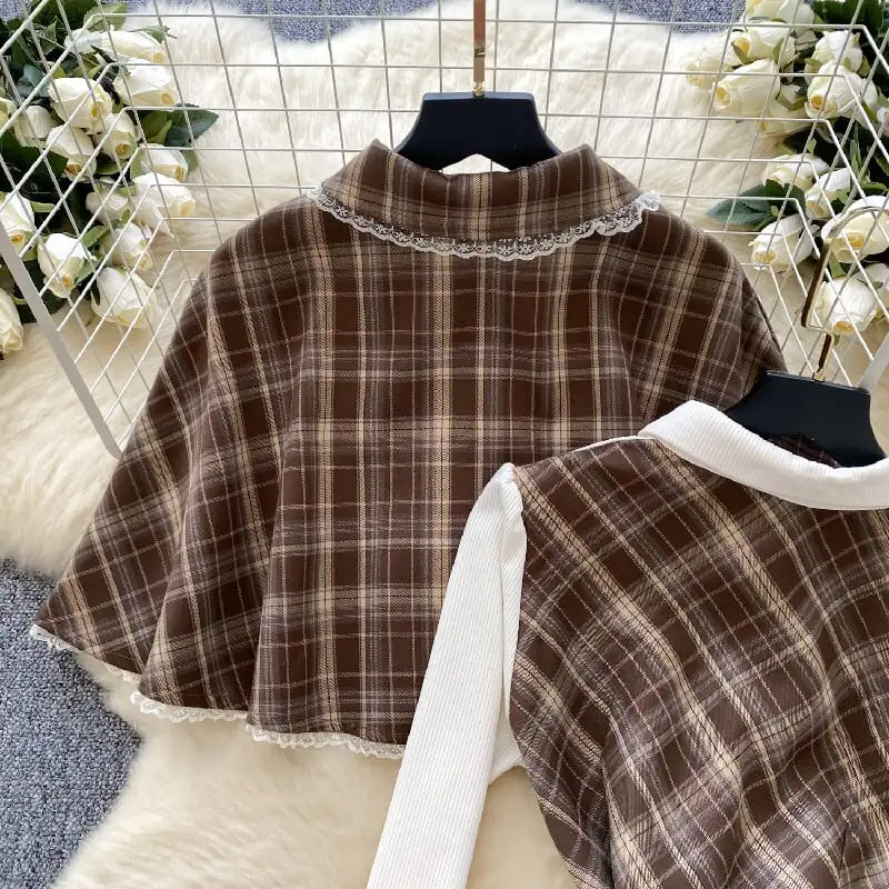 セットアップ マント+ワンピース 毛玉 スウィート チェック柄 フェイクレイヤード