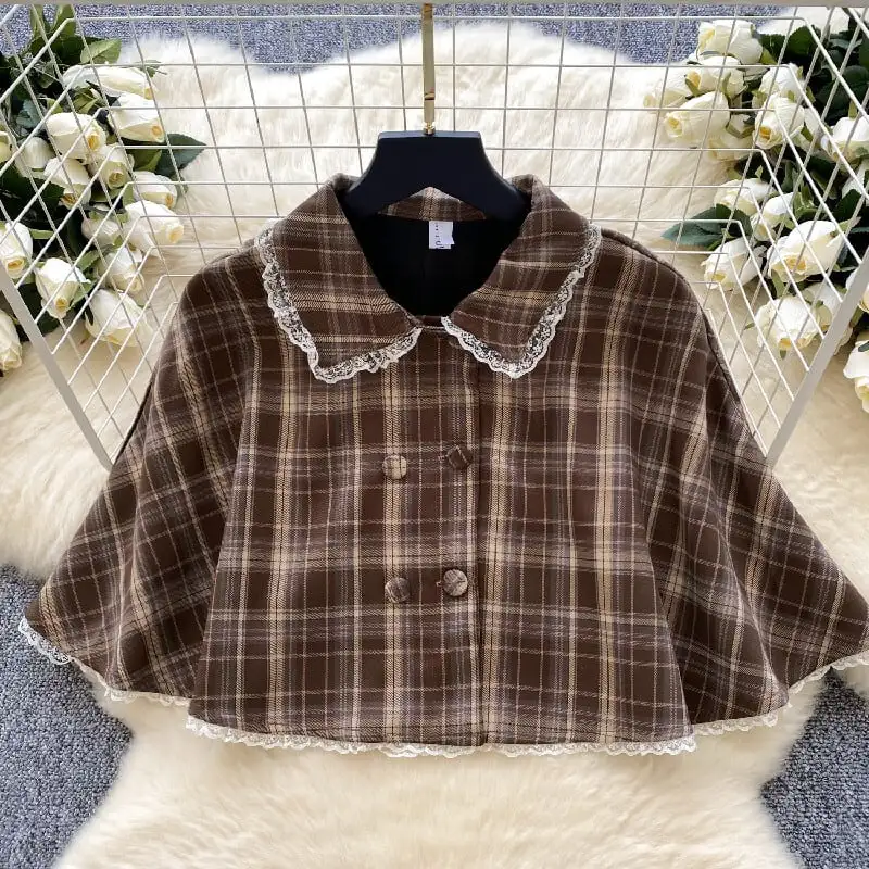 セットアップ マント+ワンピース 毛玉 スウィート チェック柄 フェイクレイヤード