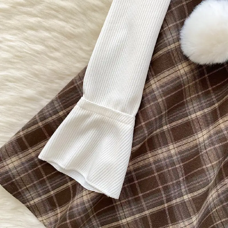 セットアップ マント+ワンピース 毛玉 スウィート チェック柄 フェイクレイヤード