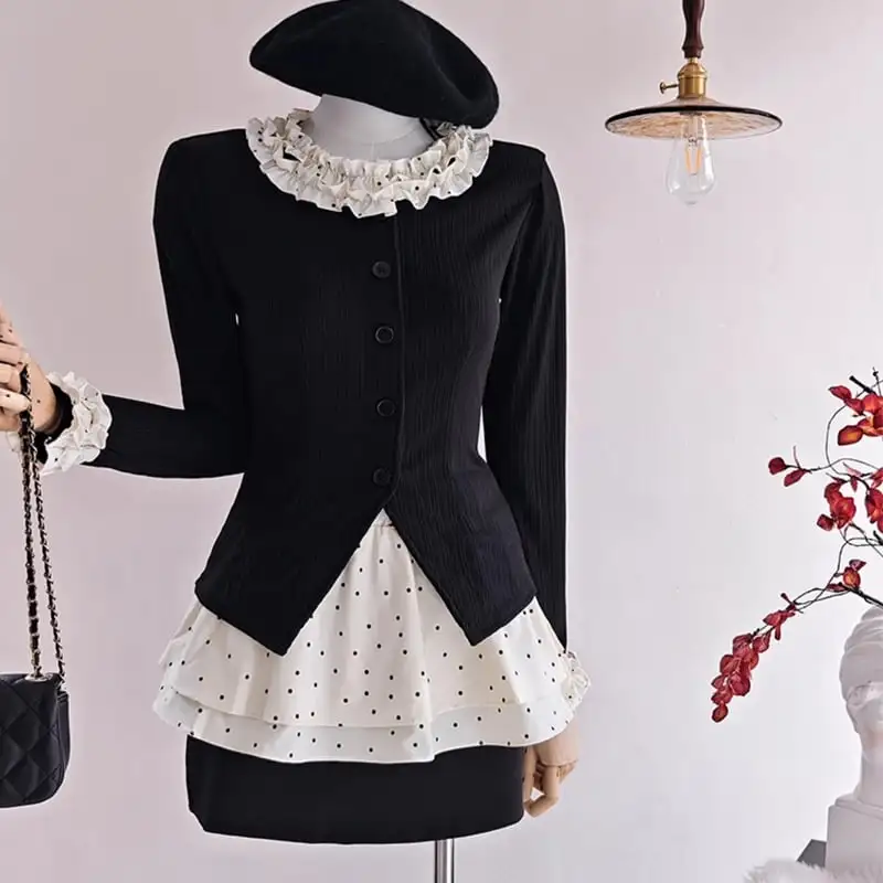 セットアップ トップス+スカート 3点セット ドット柄 レトロ 水玉模様