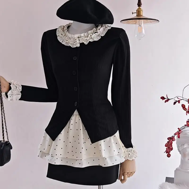 セットアップ トップス+スカート 3点セット ドット柄 レトロ 水玉模様