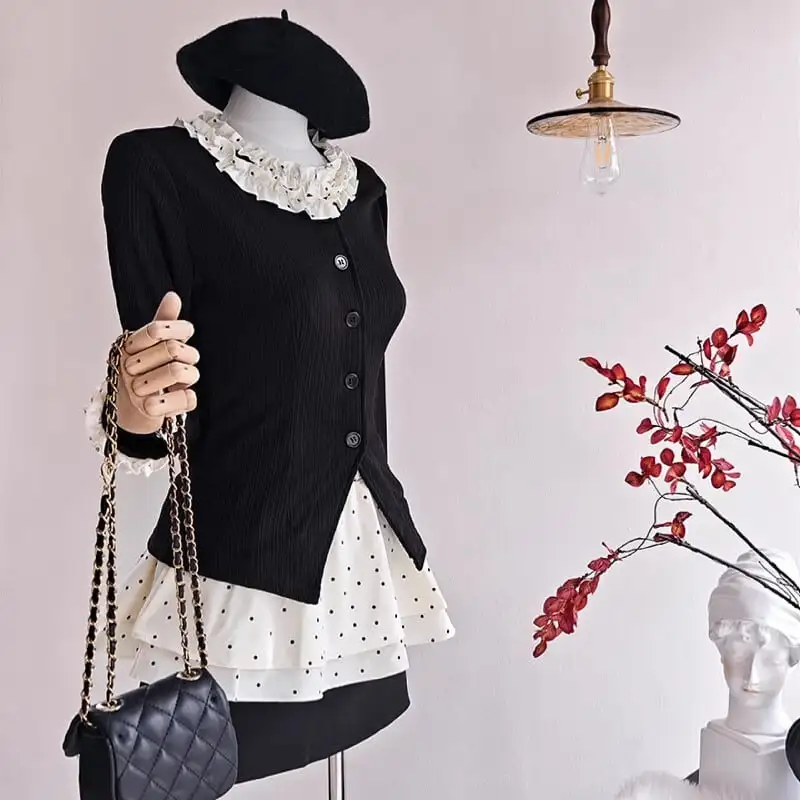 セットアップ トップス+スカート 3点セット ドット柄 レトロ 水玉模様