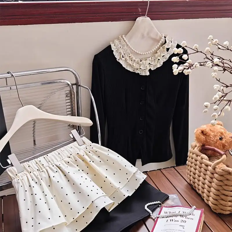 セットアップ トップス+スカート 3点セット ドット柄 レトロ 水玉模様