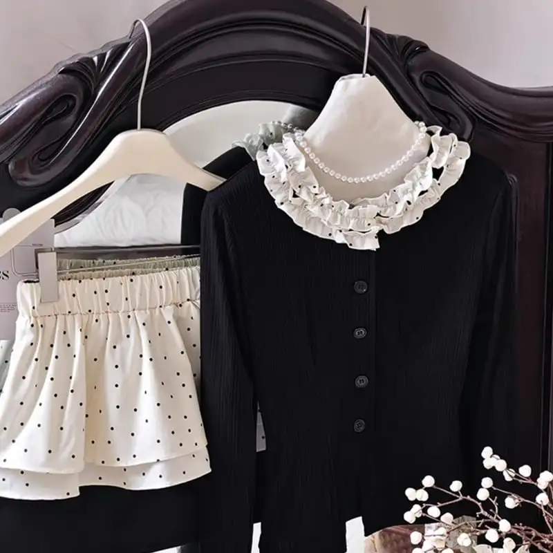 セットアップ トップス+スカート 3点セット ドット柄 レトロ 水玉模様