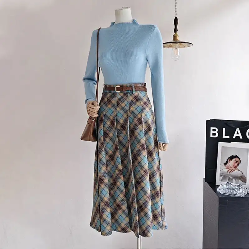 セットアップ トップス+スカート ニット ハイウエスト チェック柄