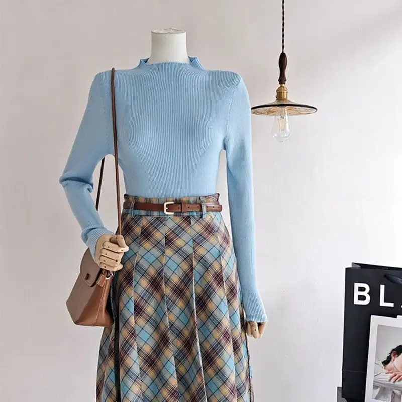 セットアップ トップス+スカート ニット ハイウエスト チェック柄
