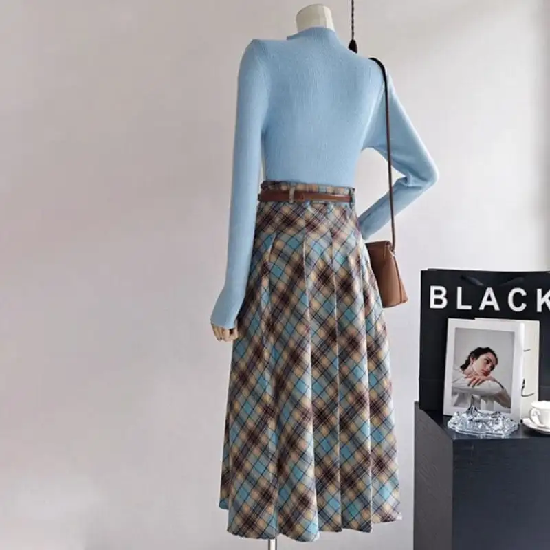 セットアップ トップス+スカート ニット ハイウエスト チェック柄