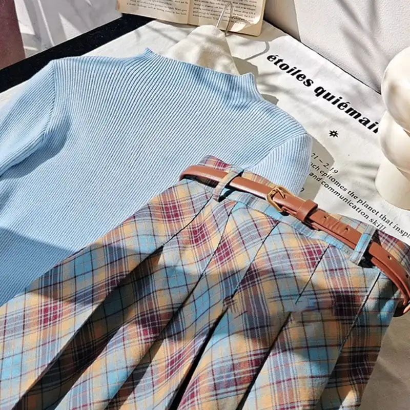 セットアップ トップス+スカート ニット ハイウエスト チェック柄