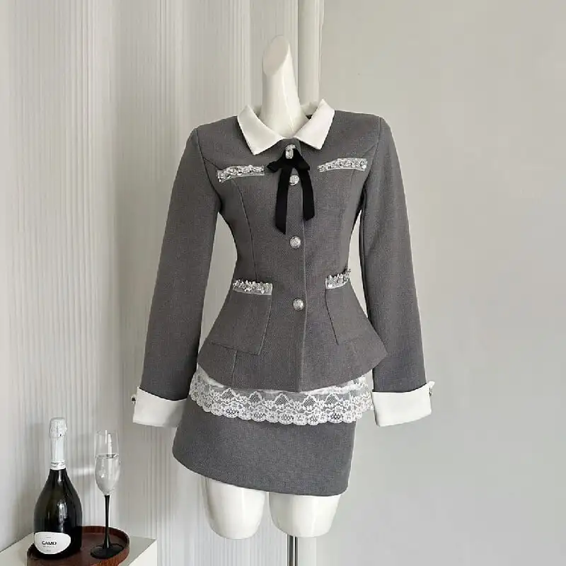 セットアップ トップス+スカート POLOネック レース 洗練される