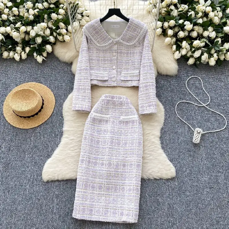 セットアップ ジャケット+スカート３色展開 ツイード スウィート