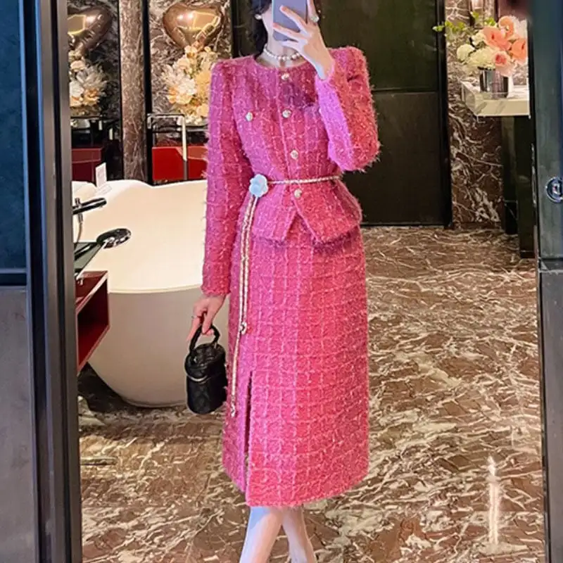 セットアップ ジャケット+スカート ツイード 綺麗め ローズ色