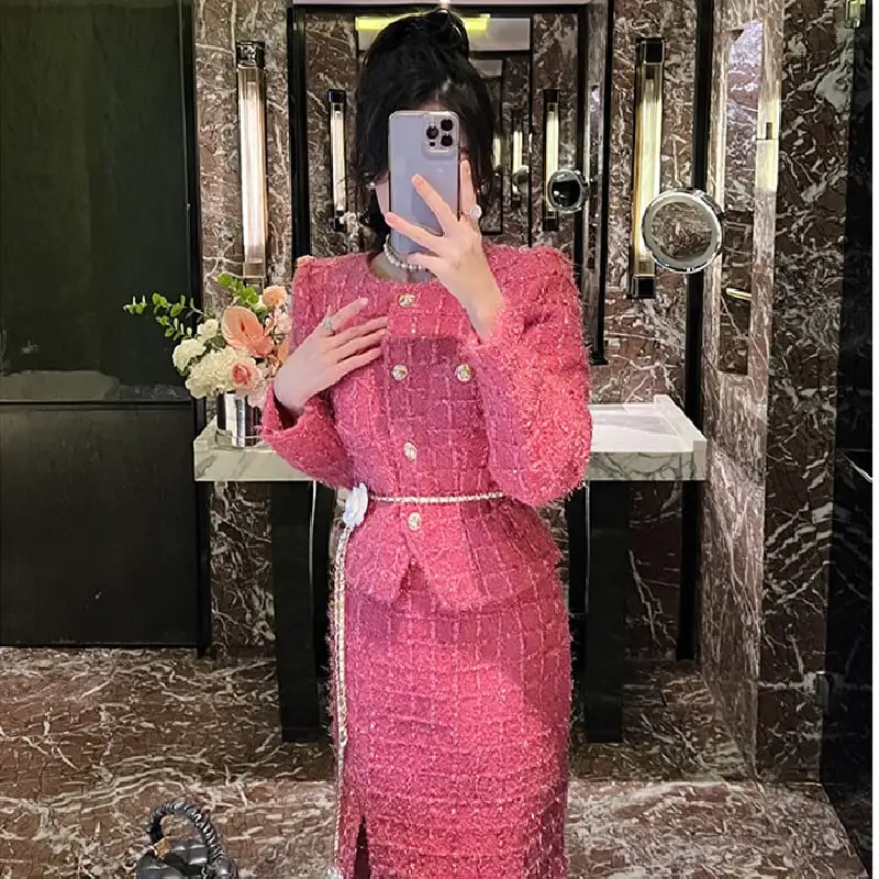 セットアップ ジャケット+スカート ツイード 綺麗め ローズ色