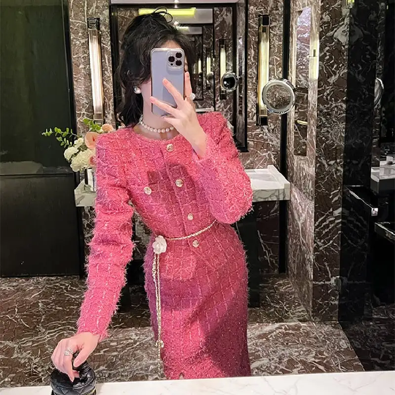 セットアップ ジャケット+スカート ツイード 綺麗め ローズ色