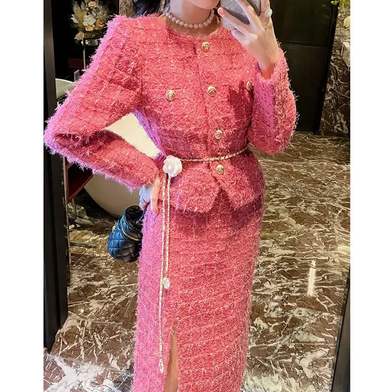 セットアップ ジャケット+スカート ツイード 綺麗め ローズ色