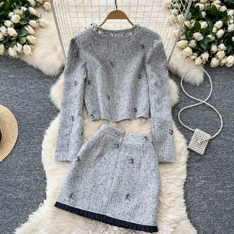 セットアップ ジャケット+スカート 刺繡 スパンコール 長袖