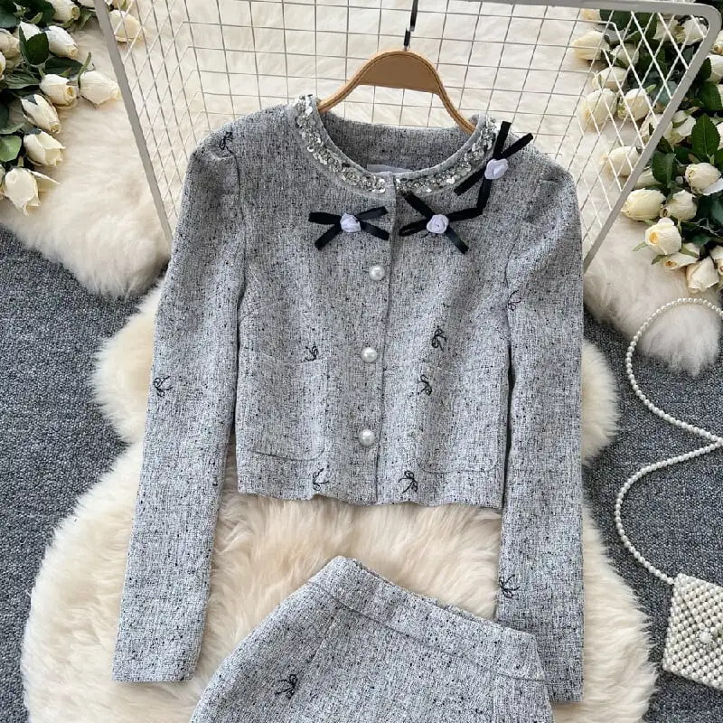 セットアップ ジャケット+スカート 刺繡 スパンコール 長袖