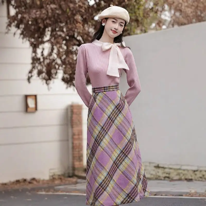 セットアップ トップス+スカート エレガント チェック柄