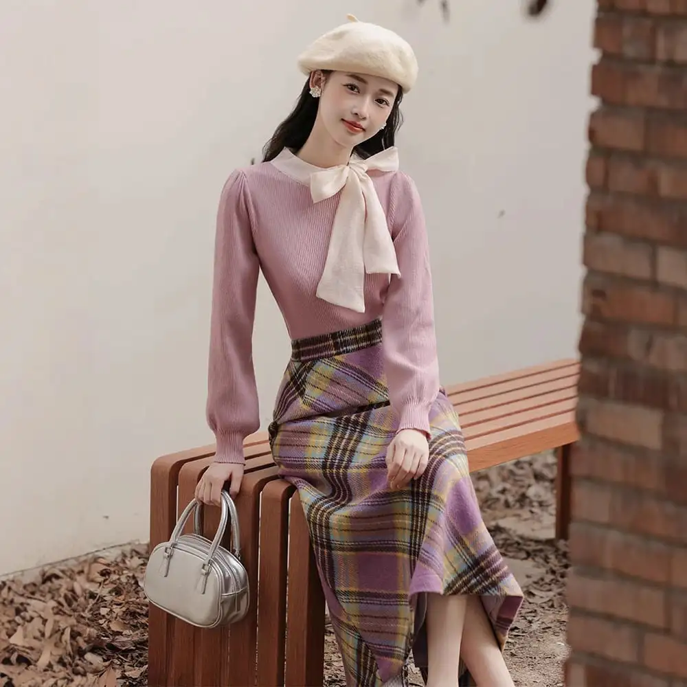 セットアップ トップス+スカート エレガント チェック柄