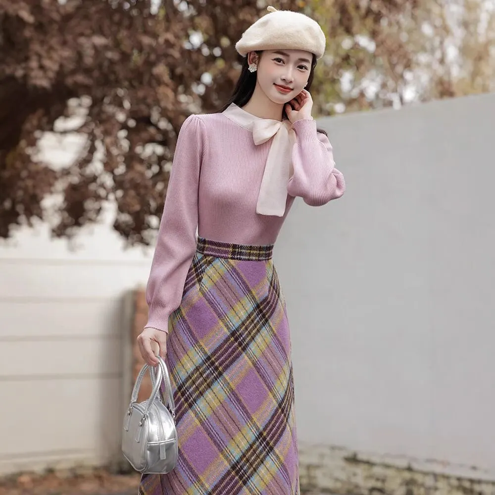 セットアップ トップス+スカート エレガント チェック柄