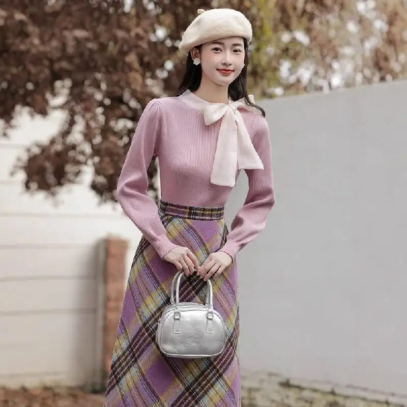 セットアップ トップス+スカート エレガント チェック柄