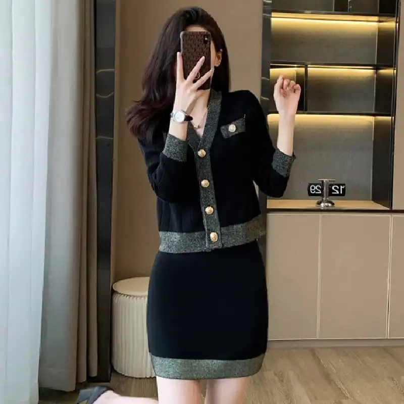 セットアップ ニット トップス+スカート Vネック シンプル ブラック