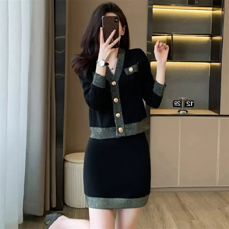 セットアップ ニット トップス+スカート Vネック シンプル ブラック