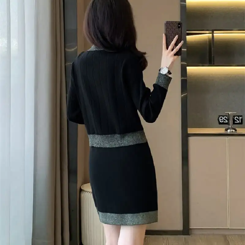 セットアップ ニット トップス+スカート Vネック シンプル ブラック