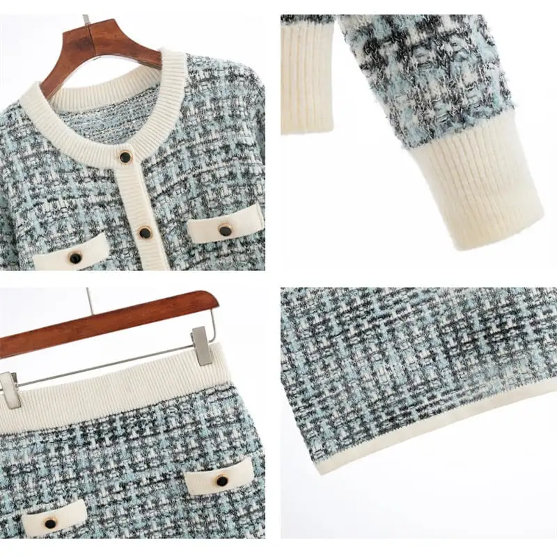 セットアップ トップス+スカート ニット 配色 長袖 気質溢れる 通勤