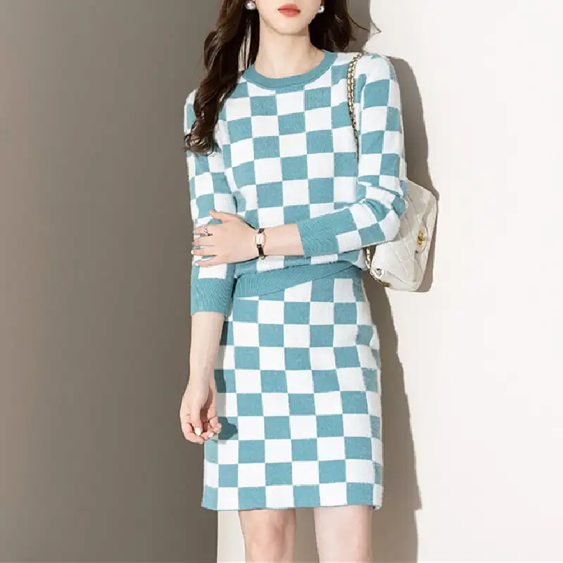 セットアップ トップス+スカート ニット ラウンドネック チェック柄