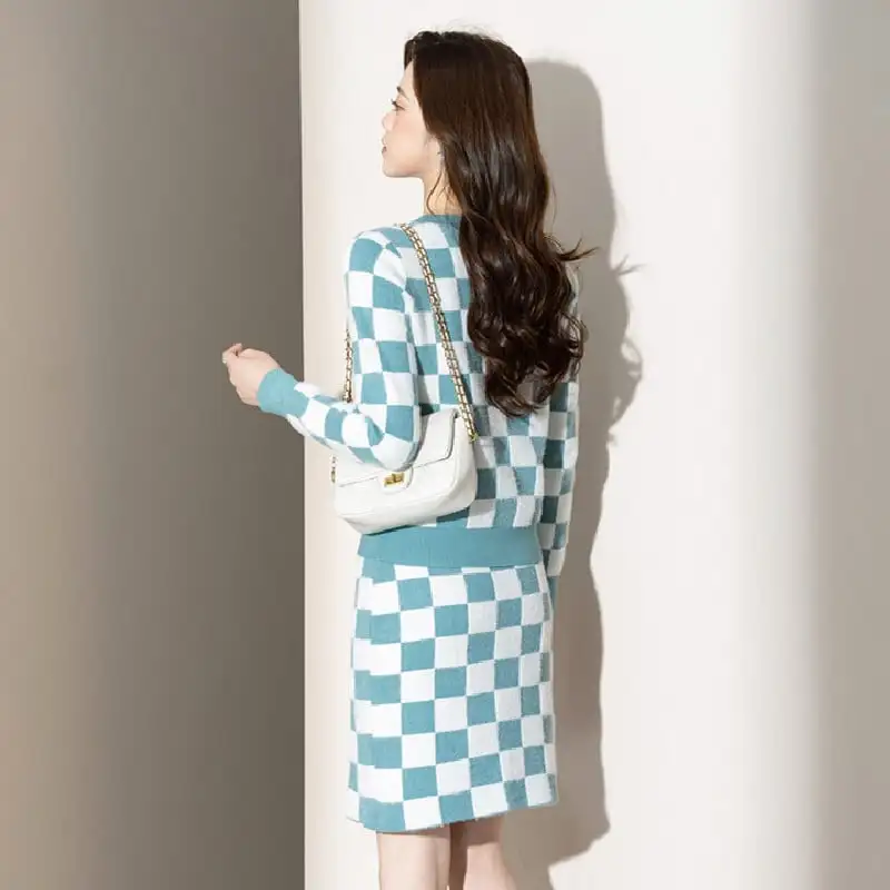 セットアップ トップス+スカート ニット ラウンドネック チェック柄