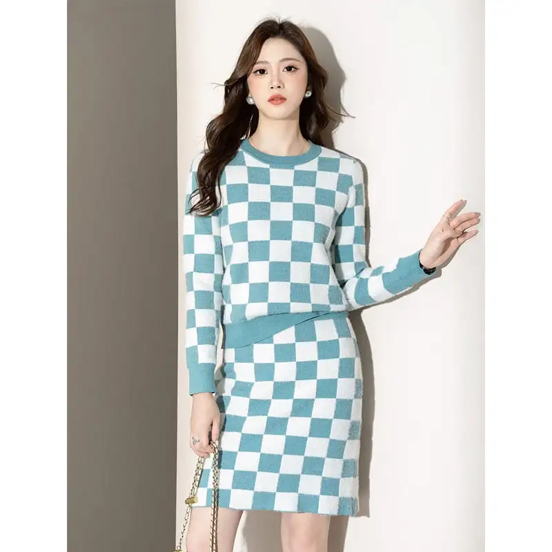 セットアップ トップス+スカート ニット ラウンドネック チェック柄