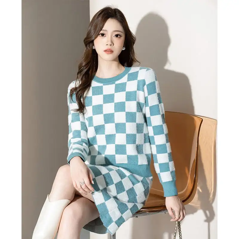 セットアップ トップス+スカート ニット ラウンドネック チェック柄