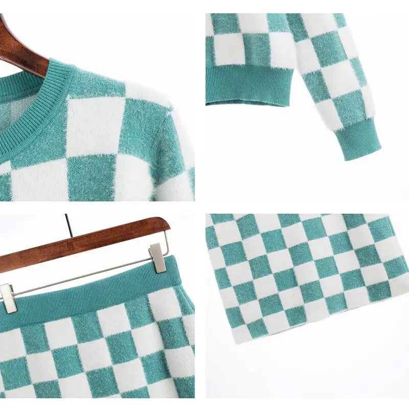 セットアップ トップス+スカート ニット ラウンドネック チェック柄