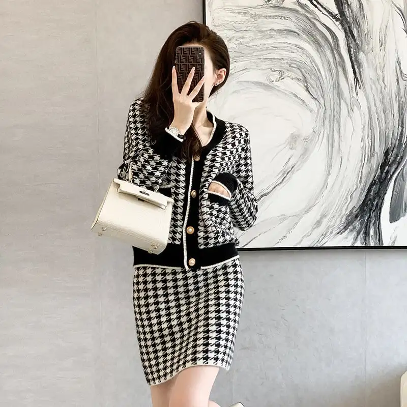 セットアップ トップス+スカート ニット 千鳥格子柄 Vネック 通勤