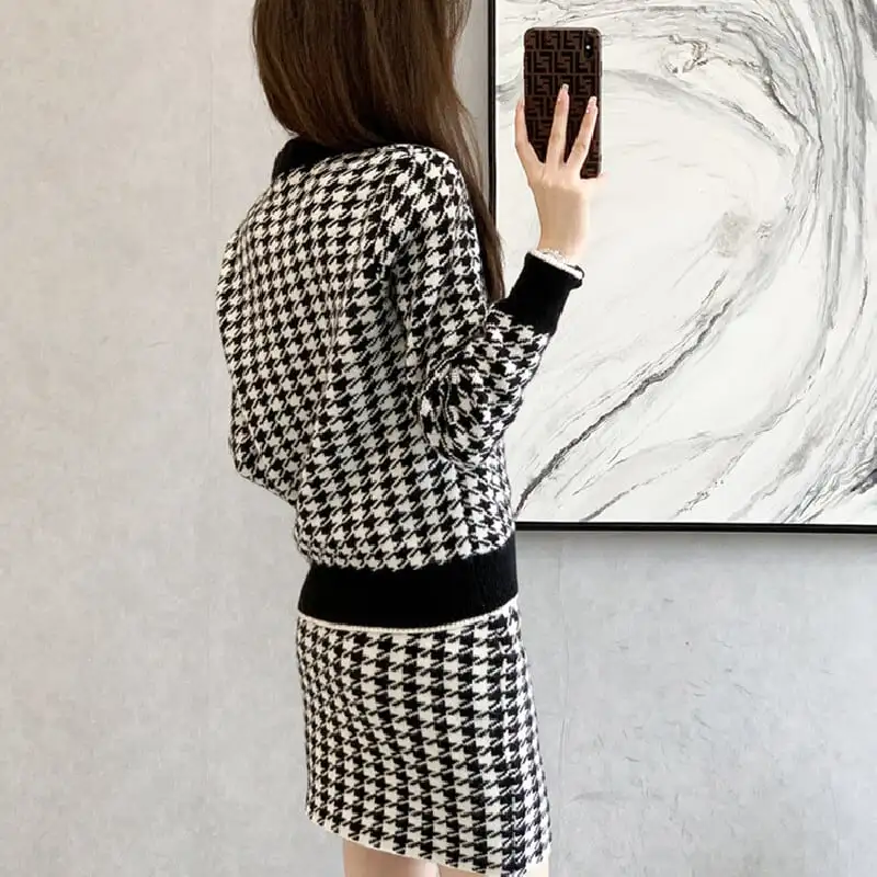 セットアップ トップス+スカート ニット 千鳥格子柄 Vネック 通勤