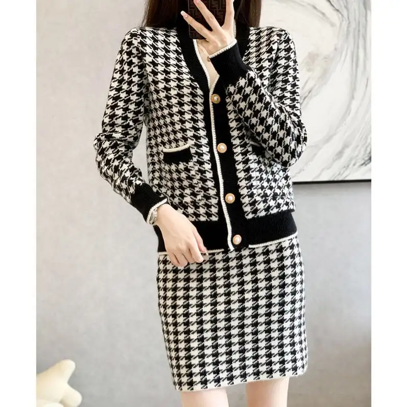 セットアップ トップス+スカート ニット 千鳥格子柄 Vネック 通勤