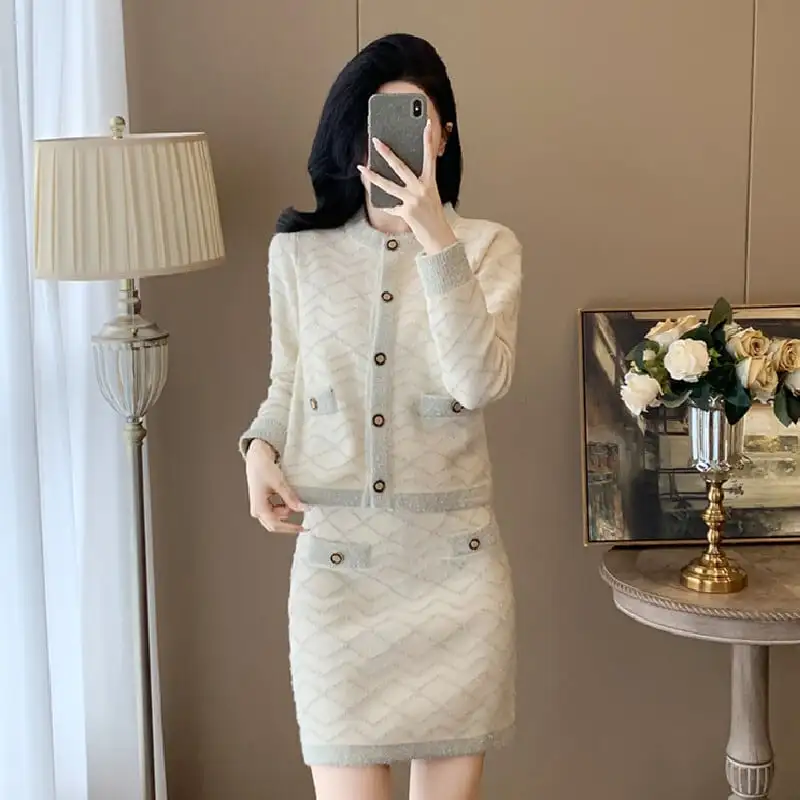 セットアップ トップス+スカート ニット 洗練される フェミニン ベージュ