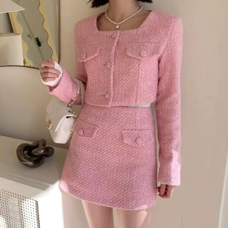 セットアップ ジャケット+スカート 3色展開 スクエアネック シングルブレスト