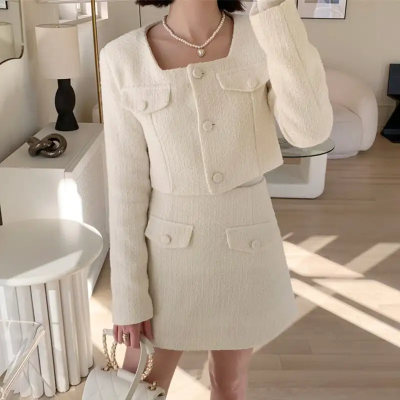 セットアップ ジャケット+スカート 3色展開 スクエアネック シングルブレスト