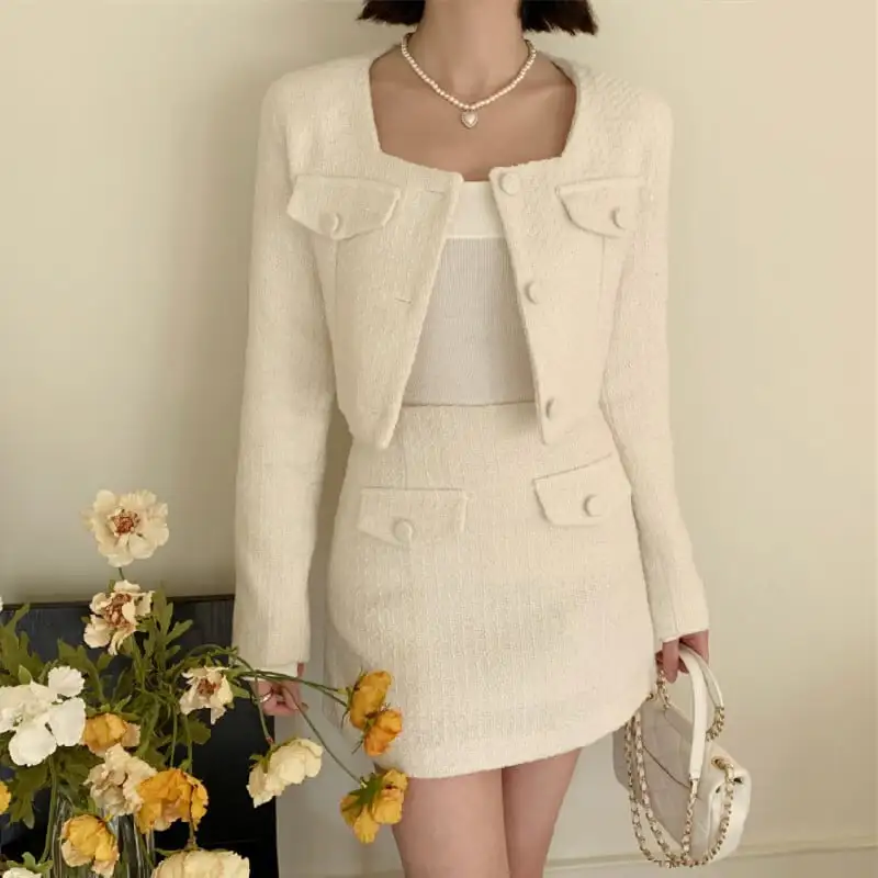 セットアップ ジャケット+スカート 3色展開 スクエアネック シングルブレスト