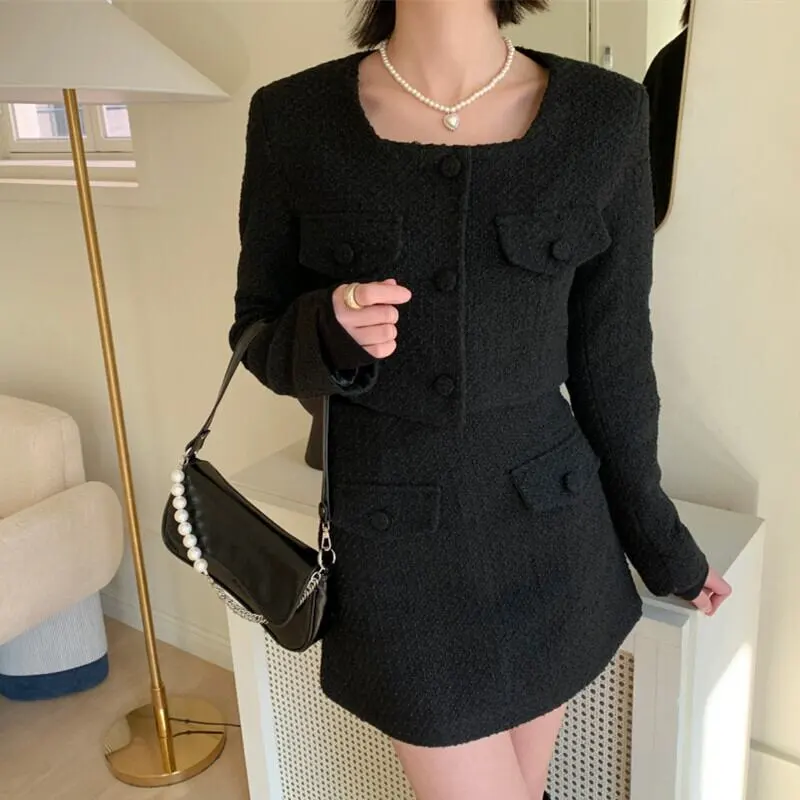 セットアップ ジャケット+スカート 3色展開 スクエアネック シングルブレスト