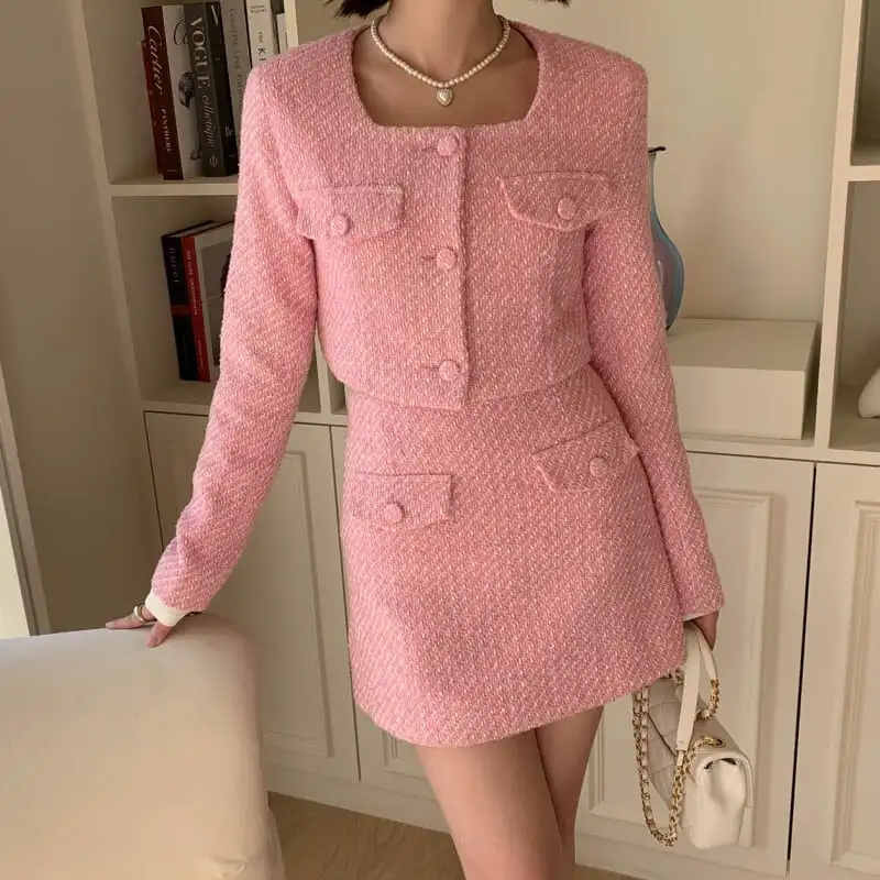 セットアップ ジャケット+スカート 3色展開 スクエアネック シングルブレスト