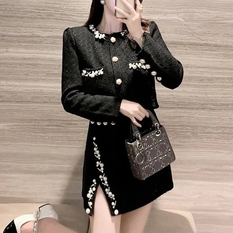 セットアップ ジャケット+スカート ツイード パール飾り 長袖