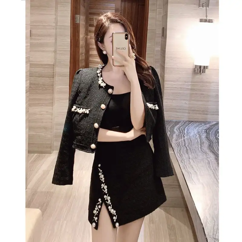 セットアップ ジャケット+スカート ツイード パール飾り 長袖