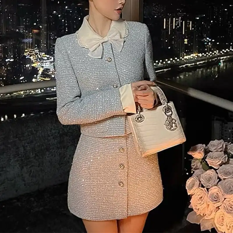 セットアップ 高級感 蝶結び ツイード OL/通勤 魅せる アウター+スカート