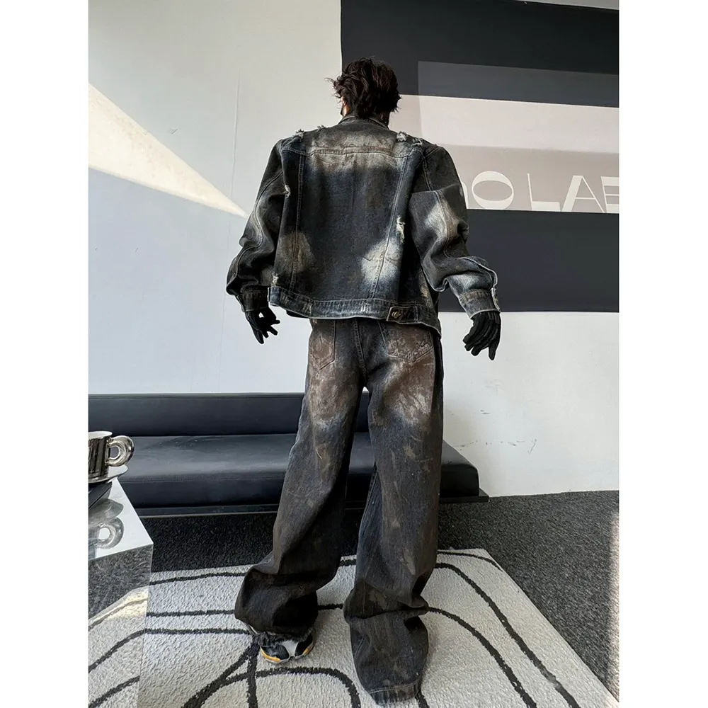 セットアップ カジュアル カッコイイ ダメージ ジャケット+デニムパンツ